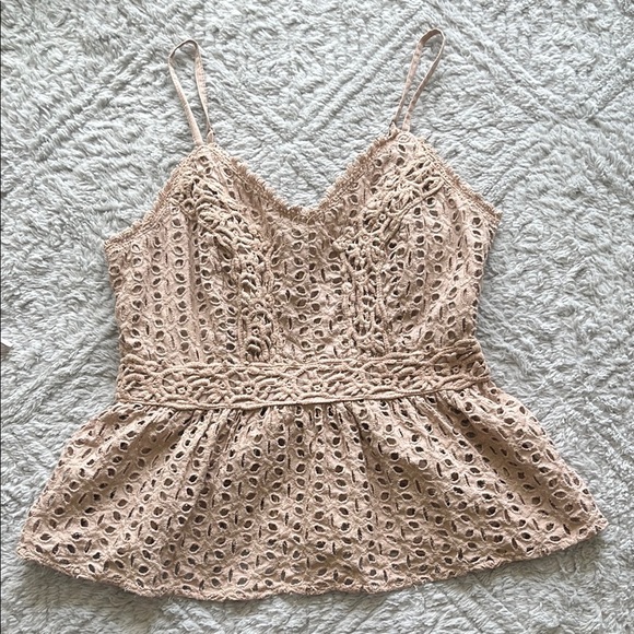 Japna Tops - JAPNA tan cotton eyelet Elegant Sleeveless Top smocked back babydoll M coquette